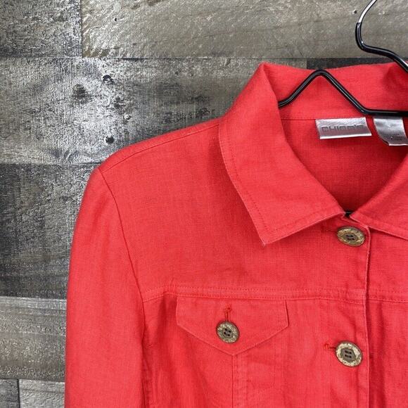 Chico’s Women’s Button Down Collared Jacket Size 0/M/4 Red 100% Linen Shacket - Picture 3 of 6